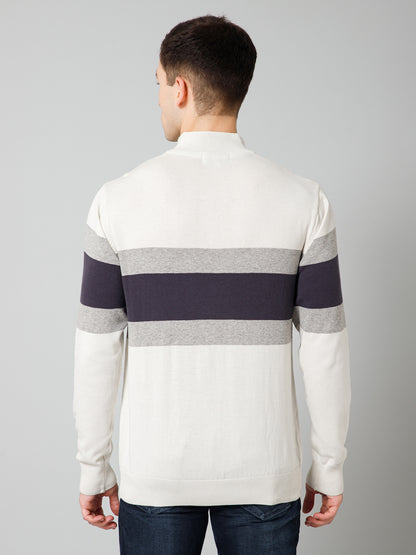 Striped Off White Full Sleeves Mock Collar Regular Fit Casual Sweater for Men