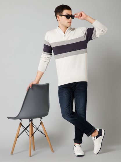 Striped Off White Full Sleeves Mock Collar Regular Fit Casual Sweater for Men