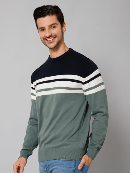 Stripe Green Full Sleeves Round Neck Regular Fit Casual Sweater for Men