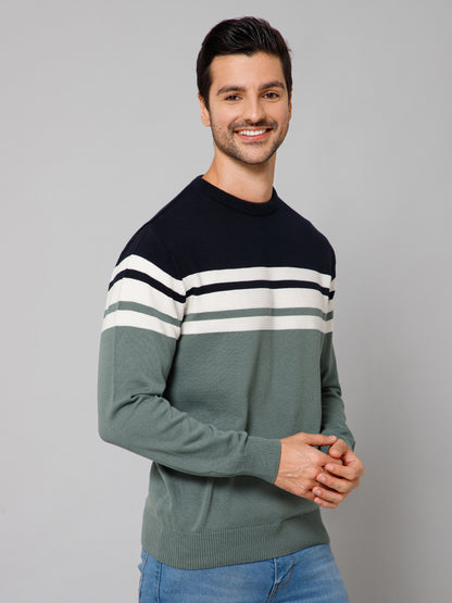 Stripe Green Full Sleeves Round Neck Regular Fit Casual Sweater for Men