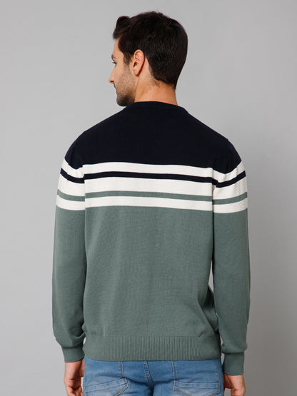 Stripe Green Full Sleeves Round Neck Regular Fit Casual Sweater for Men