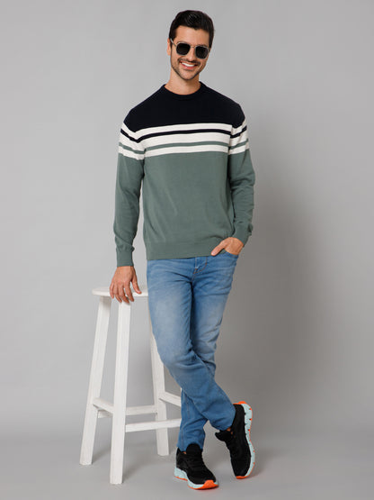 Stripe Green Full Sleeves Round Neck Regular Fit Casual Sweater for Men