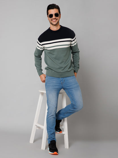 Stripe Green Full Sleeves Round Neck Regular Fit Casual Sweater for Men