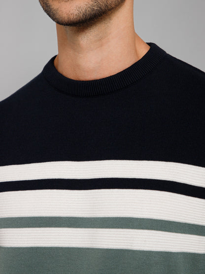 Stripe Green Full Sleeves Round Neck Regular Fit Casual Sweater for Men