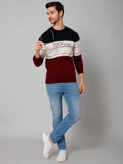 Printed Maroon Full Sleeves Round Neck Regular Fit Casual Sweater for Men