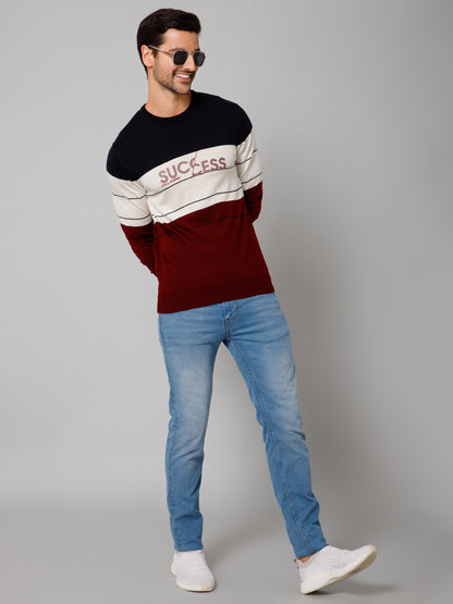 Printed Maroon Full Sleeves Round Neck Regular Fit Casual Sweater for Men