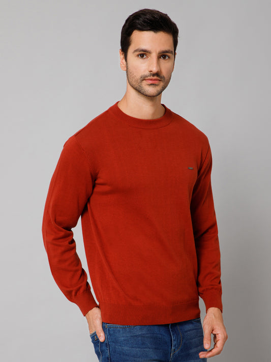 Solid Rust Full Sleeves Round Neck Regular Fit Casual Sweater for Men