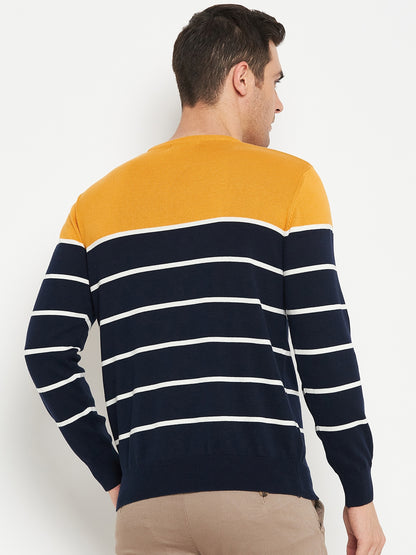 Striped Navy Blue Full Sleeves Round Neck Regular Fit Casual Sweater for Men