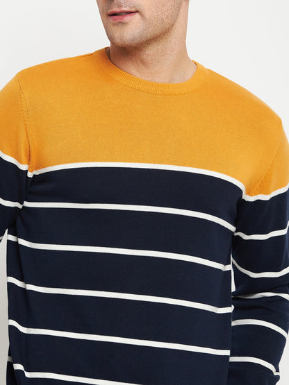 Striped Navy Blue Full Sleeves Round Neck Regular Fit Casual Sweater for Men