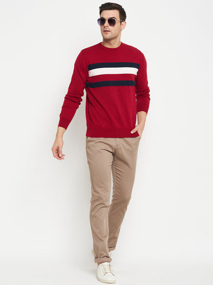 Striped Red Full Sleeves Round Neck Regular Fit Casual Sweater for Men