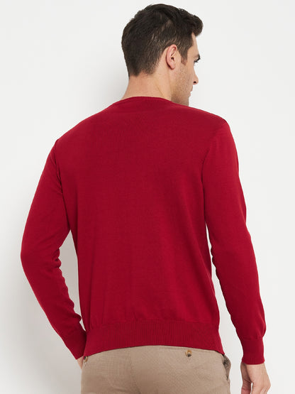 Striped Red Full Sleeves Round Neck Regular Fit Casual Sweater for Men