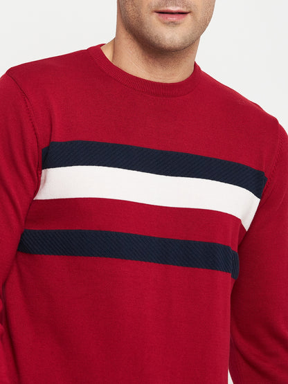 Striped Red Full Sleeves Round Neck Regular Fit Casual Sweater for Men