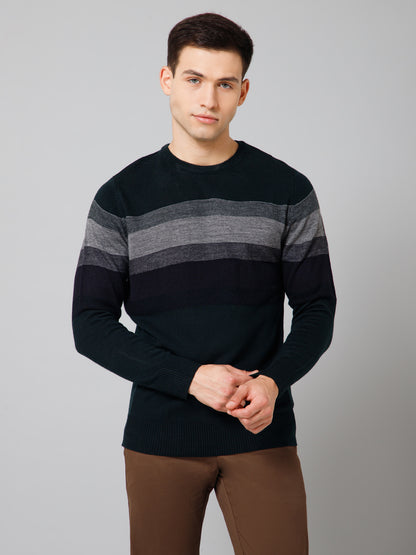 Striped Navy Blue Full Sleeves Round Neck Regular Fit Casual Sweater for Men