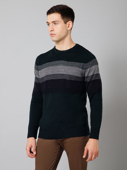 Striped Navy Blue Full Sleeves Round Neck Regular Fit Casual Sweater for Men