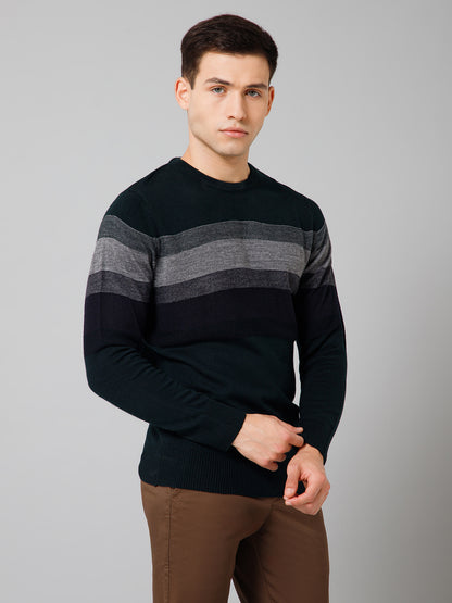 Striped Navy Blue Full Sleeves Round Neck Regular Fit Casual Sweater for Men