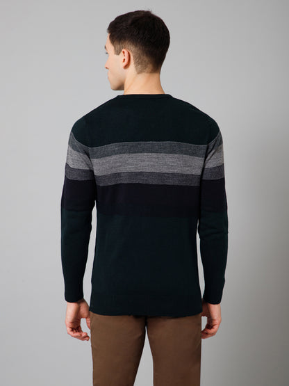 Striped Navy Blue Full Sleeves Round Neck Regular Fit Casual Sweater for Men