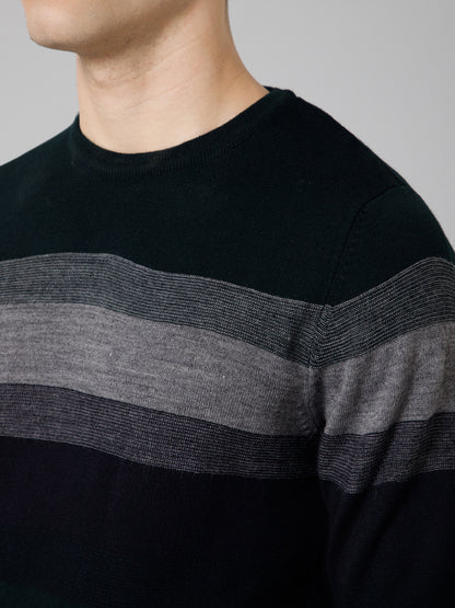 Striped Navy Blue Full Sleeves Round Neck Regular Fit Casual Sweater for Men