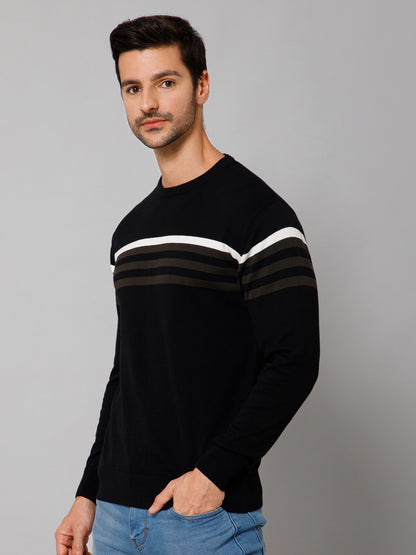 Stripe Black Full Sleeves Round Neck Regular Fit Casual Sweater for Men