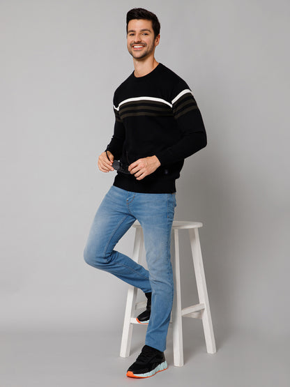 Stripe Black Full Sleeves Round Neck Regular Fit Casual Sweater for Men