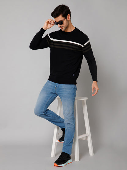 Stripe Black Full Sleeves Round Neck Regular Fit Casual Sweater for Men