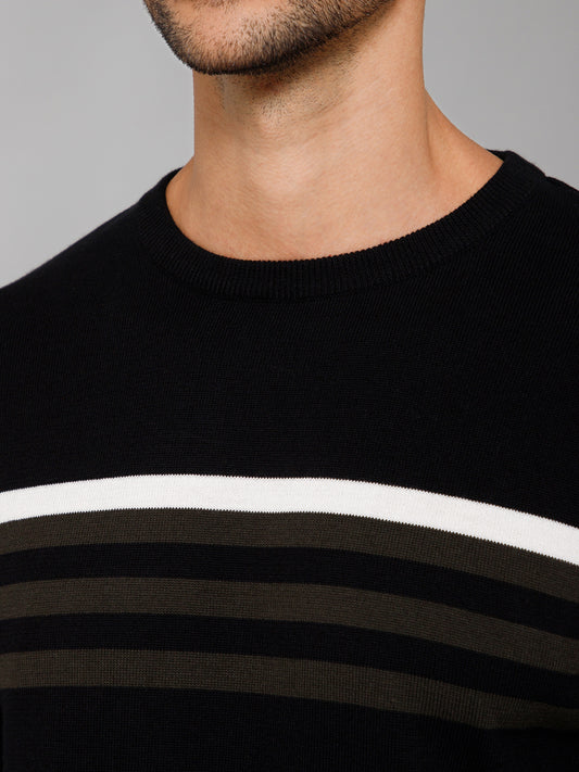 Stripe Black Full Sleeves Round Neck Regular Fit Casual Sweater for Men