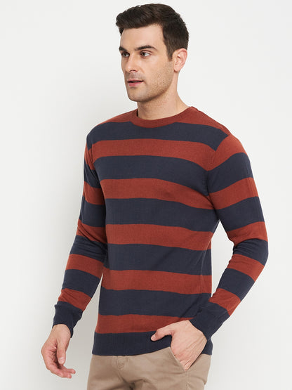 Striped Rust Full Sleeves Round Neck Regular Fit Casual Sweater for Men