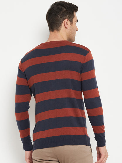 Striped Rust Full Sleeves Round Neck Regular Fit Casual Sweater for Men