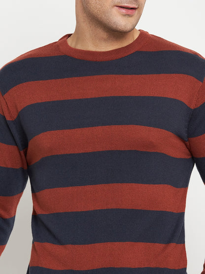 Striped Rust Full Sleeves Round Neck Regular Fit Casual Sweater for Men