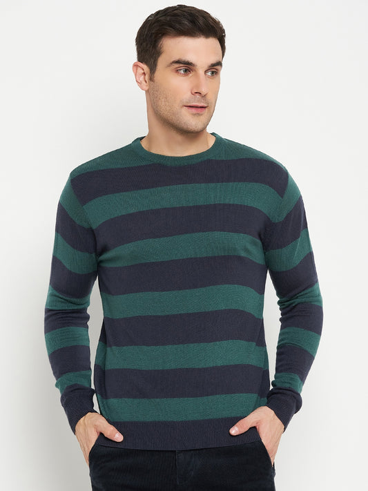 Striped Navy Blue Full Sleeves Round Neck Regular Fit Casual Sweater for Men