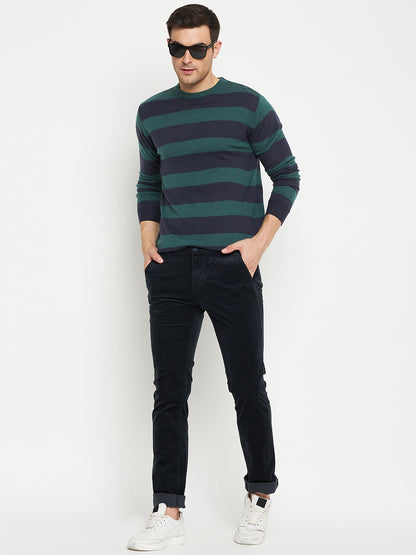 Striped Navy Blue Full Sleeves Round Neck Regular Fit Casual Sweater for Men