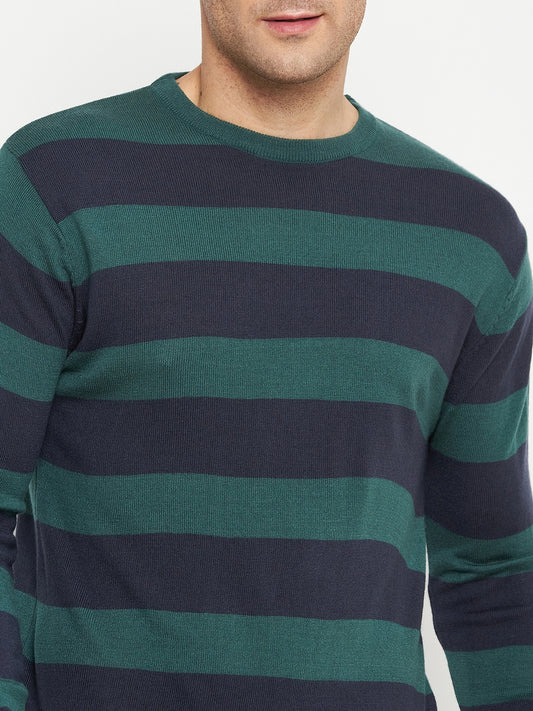 Striped Navy Blue Full Sleeves Round Neck Regular Fit Casual Sweater for Men