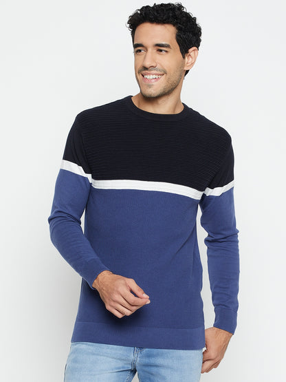 Color Block Blue Full Sleeves Round Neck Regular Fit Casual Sweater for Men