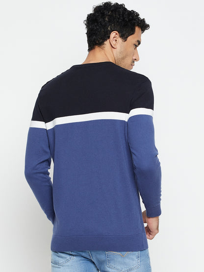 Color Block Blue Full Sleeves Round Neck Regular Fit Casual Sweater for Men