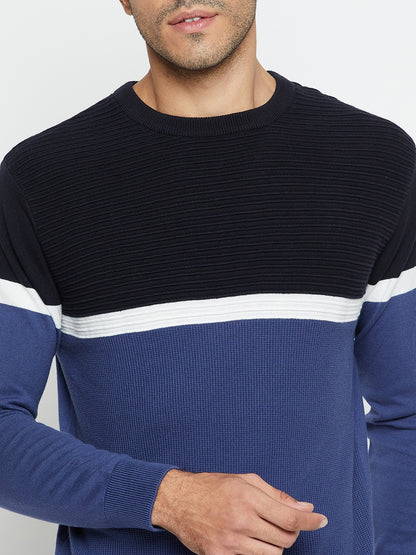 Color Block Blue Full Sleeves Round Neck Regular Fit Casual Sweater for Men