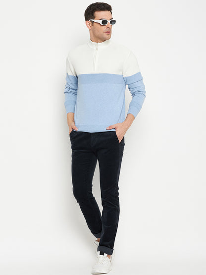 Self Design Sky Blue Full Sleeves Mock Collar Regular Fit Casual Sweater for Men