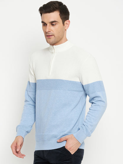 Self Design Sky Blue Full Sleeves Mock Collar Regular Fit Casual Sweater for Men