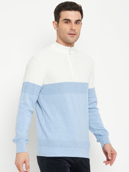 Self Design Sky Blue Full Sleeves Mock Collar Regular Fit Casual Sweater for Men