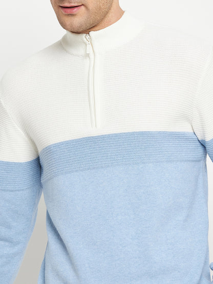 Self Design Sky Blue Full Sleeves Mock Collar Regular Fit Casual Sweater for Men