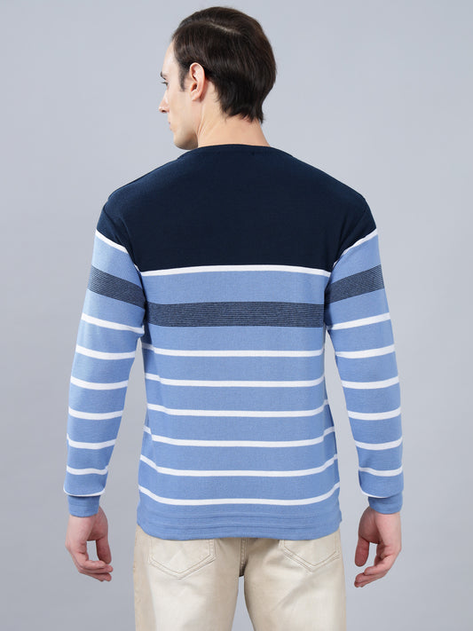 Men's Sky Blue Striped Full Sleeve Sweater