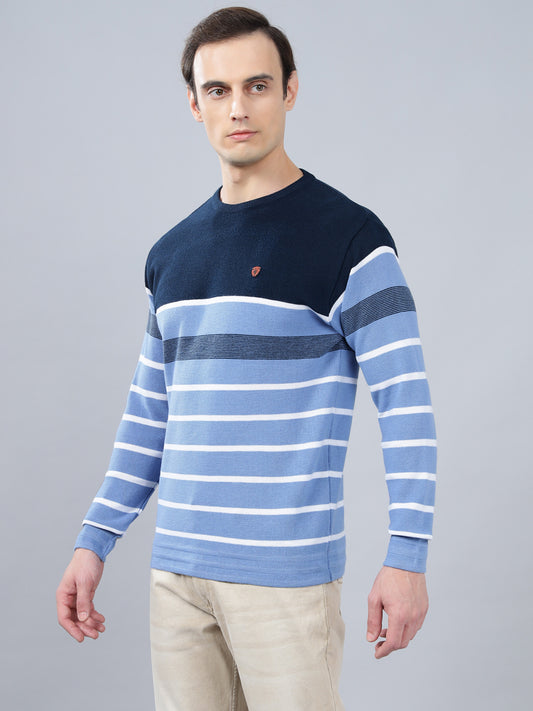 Men's Sky Blue Striped Full Sleeve Sweater