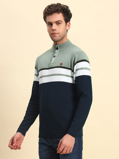 Sweater for Men | Winter Wear Acrylic Fabric Button Closure Mock Neck Regular Fit Striped Pattern