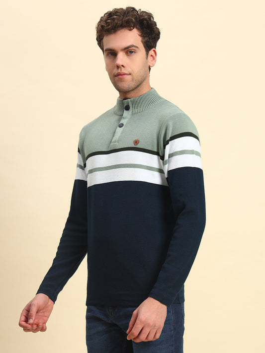 Sweater for Men | Winter Wear Acrylic Fabric Button Closure Mock Neck Regular Fit Striped Pattern