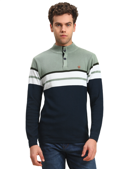Sweater for Men | Winter Wear Acrylic Fabric Button Closure Mock Neck Regular Fit Striped Pattern