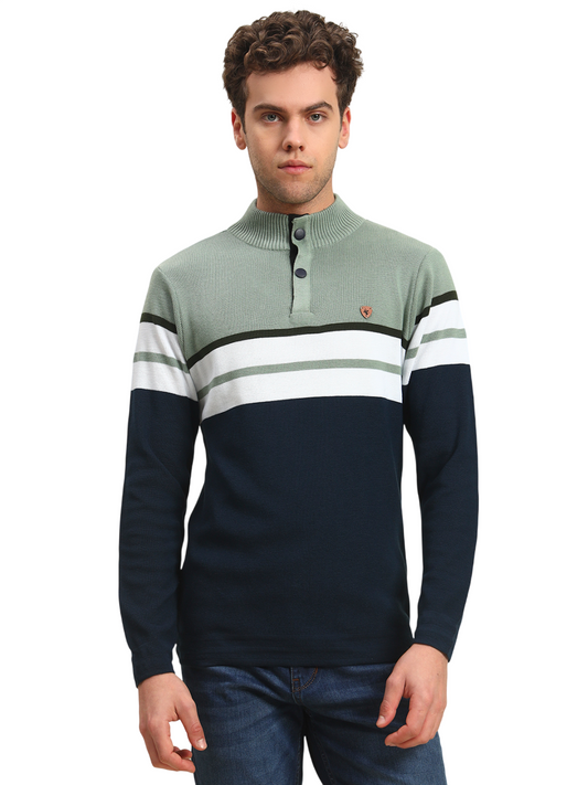 Sweater for Men | Winter Wear Acrylic Fabric Button Closure Mock Neck Regular Fit Striped Pattern