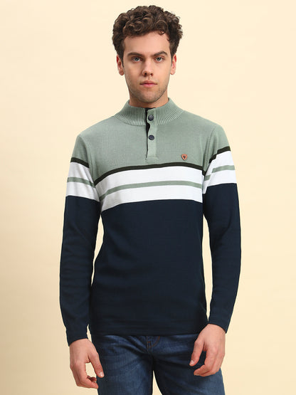 Sweater for Men | Winter Wear Acrylic Fabric Button Closure Mock Neck Regular Fit Striped Pattern