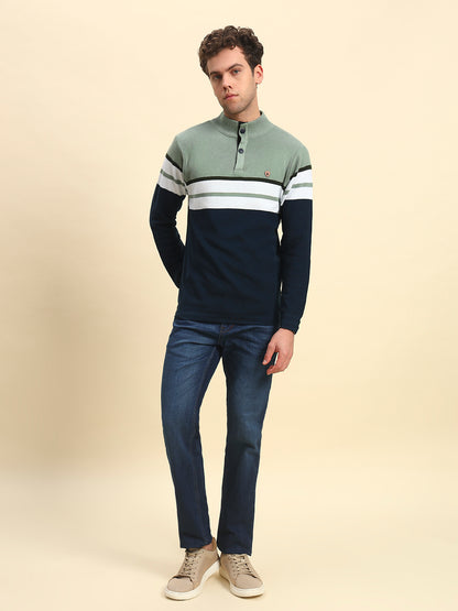 Sweater for Men | Winter Wear Acrylic Fabric Button Closure Mock Neck Regular Fit Striped Pattern