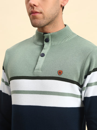Sweater for Men | Winter Wear Acrylic Fabric Button Closure Mock Neck Regular Fit Striped Pattern