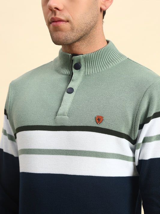 Sweater for Men | Winter Wear Acrylic Fabric Button Closure Mock Neck Regular Fit Striped Pattern