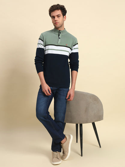 Sweater for Men | Winter Wear Acrylic Fabric Button Closure Mock Neck Regular Fit Striped Pattern