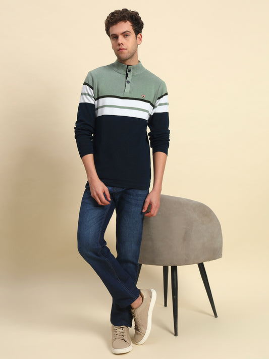Sweater for Men | Winter Wear Acrylic Fabric Button Closure Mock Neck Regular Fit Striped Pattern